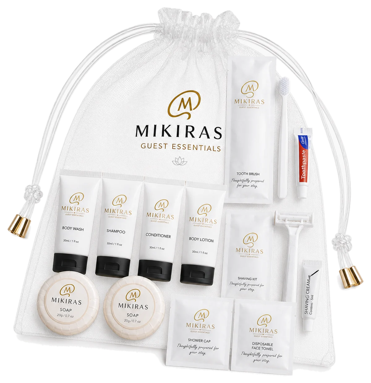 The Mikiras Guest Essentials kit: a drawstring pouch with all ten essentials laid out beside it