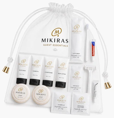 Mikiras Premium Guest Kit pouch with 10 individually packed bathroom essentials