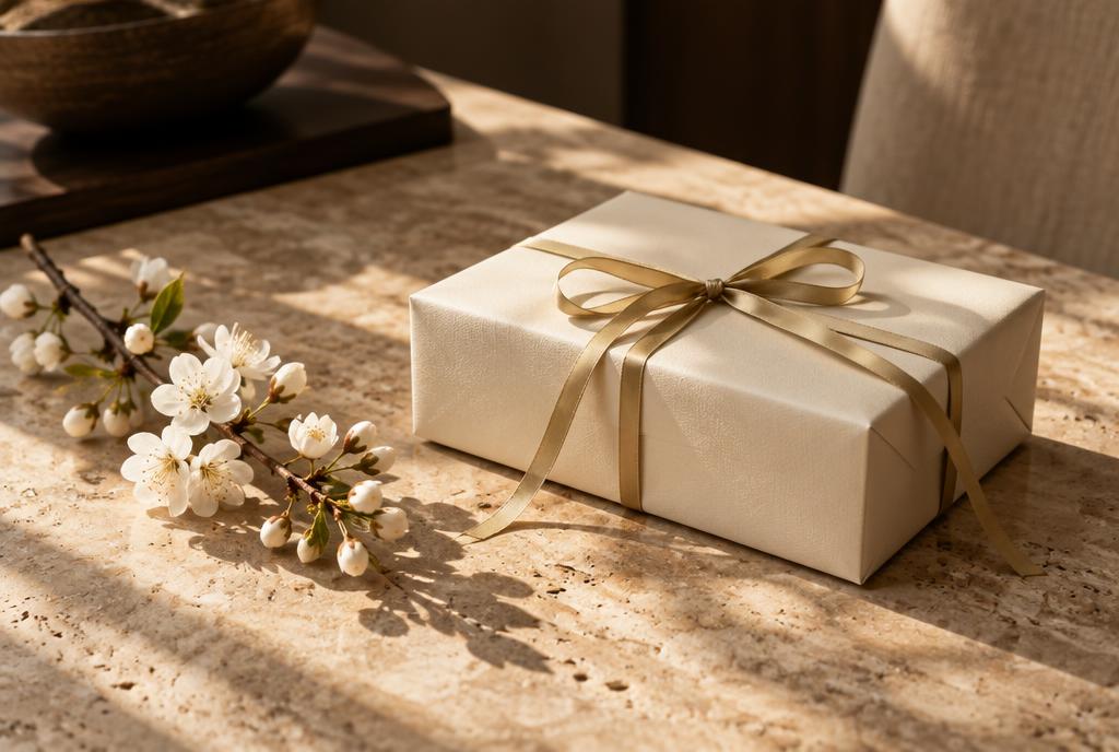 Ivory gift box tied with ribbon beside flowers