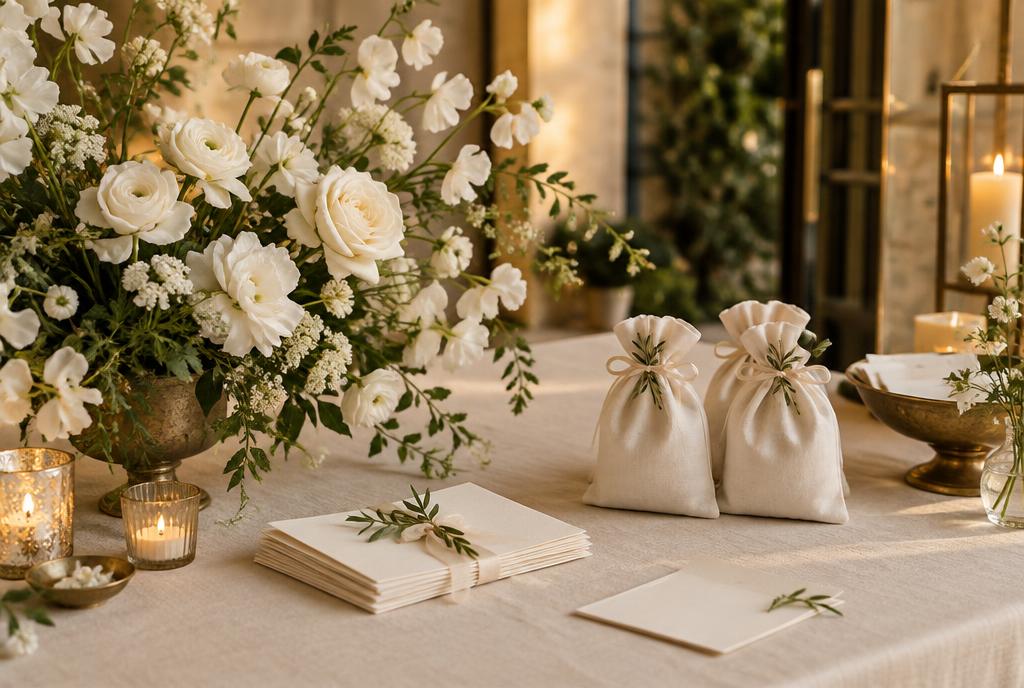 Elegant wedding welcome table with white flowers and favor bags
