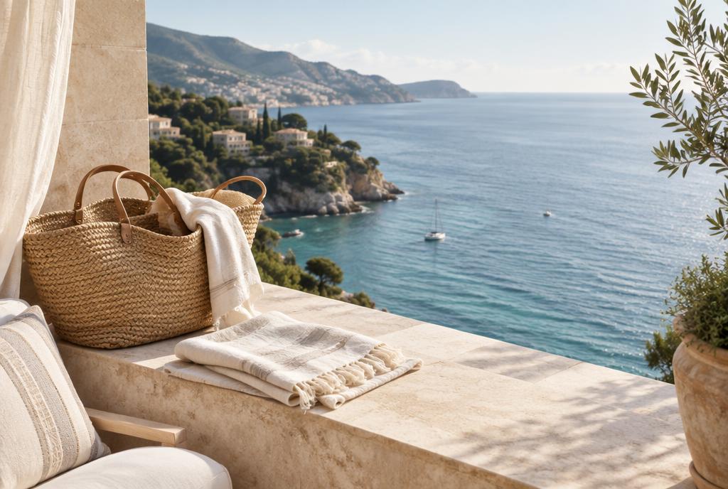 Sunny seaside balcony with a woven travel bag, ready for a getaway